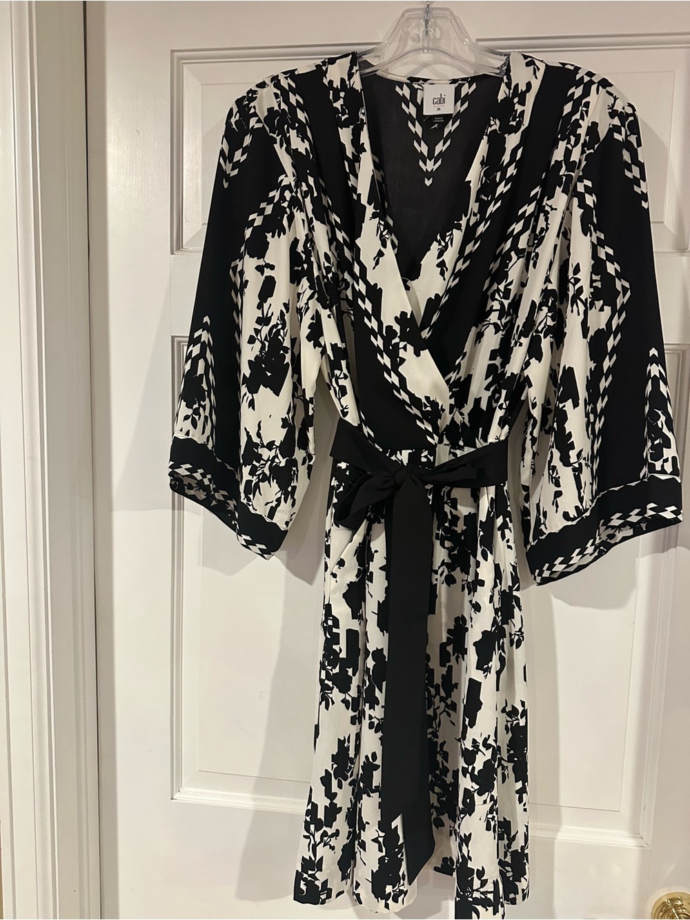CAbi Black & White Floral Print Wrap Dress with Sash